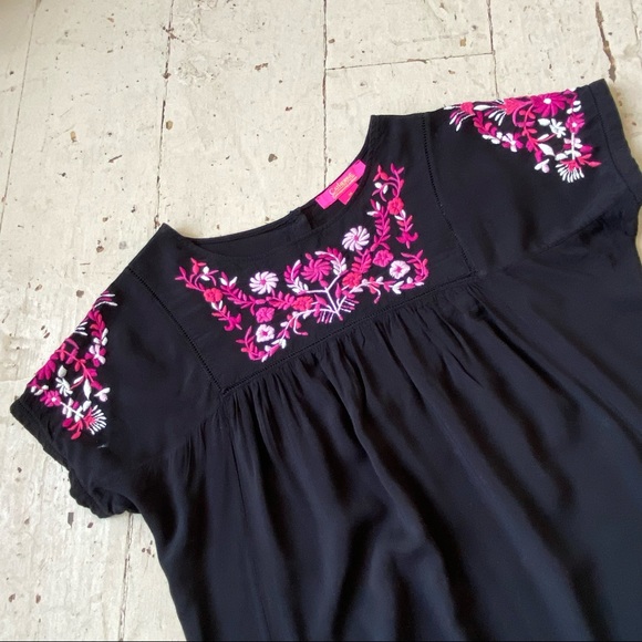 Catherine Malandrino Floral Embroidered Pink on Black Popover Dress - Picture 10 of 16